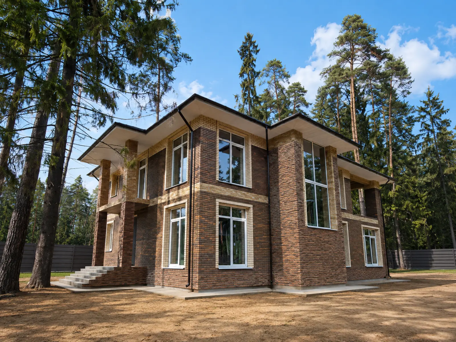 Остекление двухэтажного загородного дома с панорамными окнами